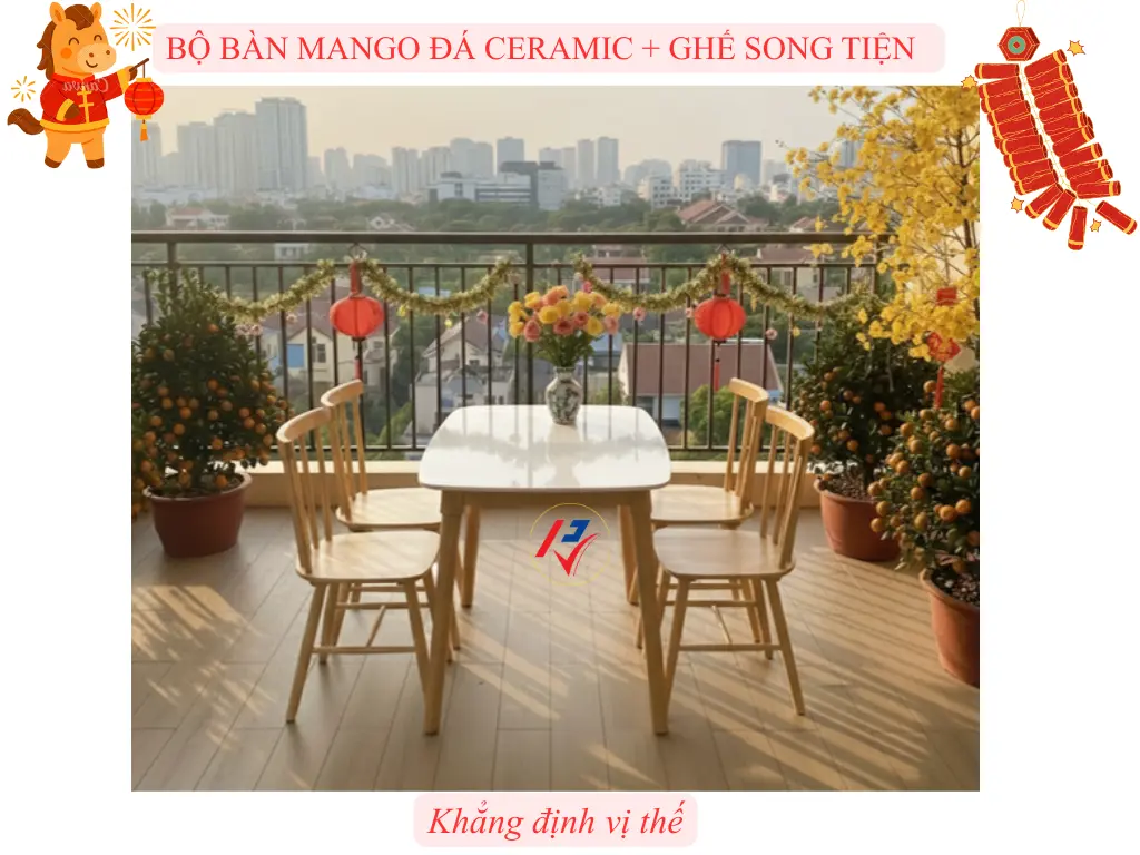 Bộ bàn ăn Mango mặt đá phối ghế song tiện sang trọng đẳng cấp - Nội Thất Phương Viên