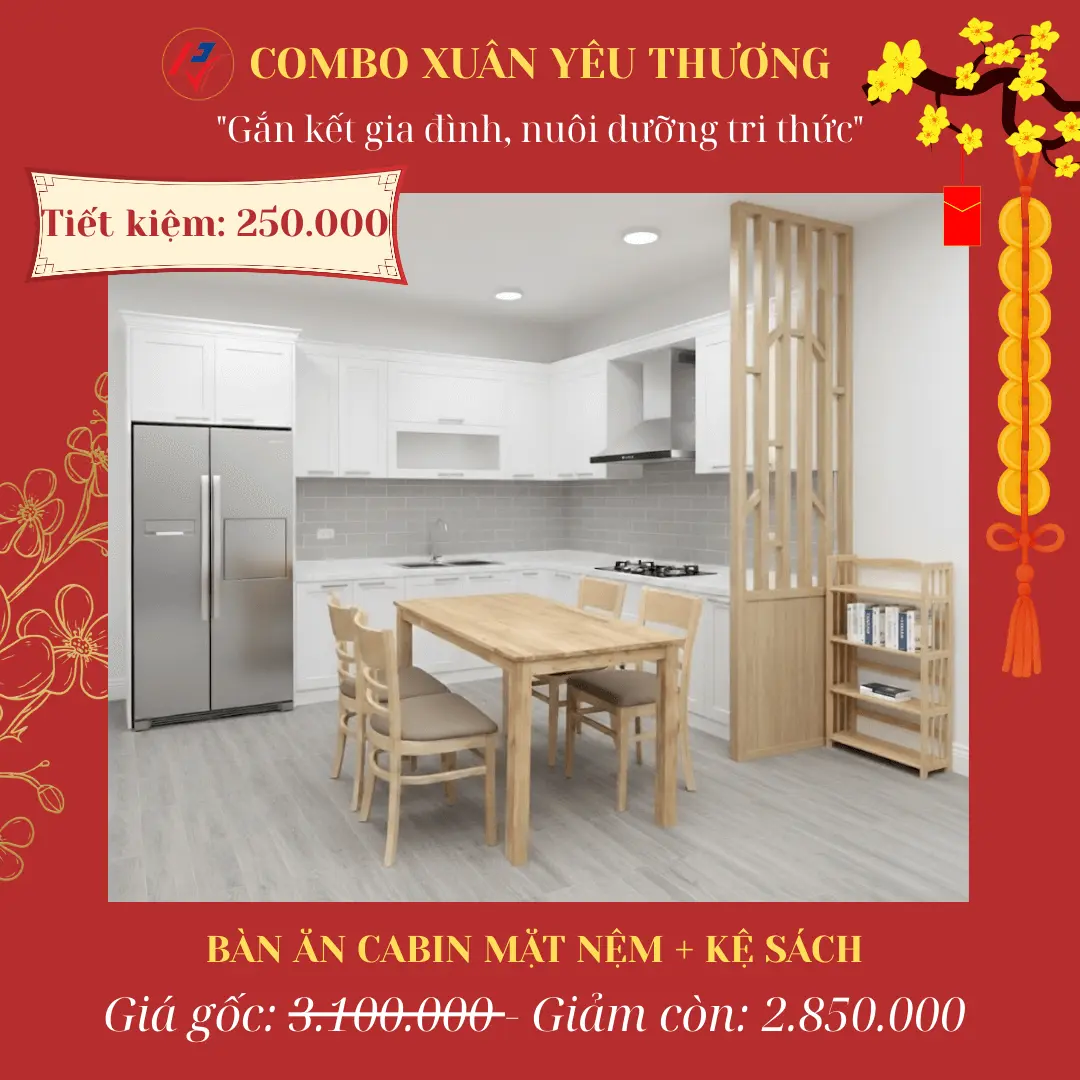 Bộ bàn ghế ăn gỗ cao su giá rẻ mẫu Cabin kèm kệ sách - Combo Xuân Yêu Thương Nội Thất Phương Viên Bình Chánh