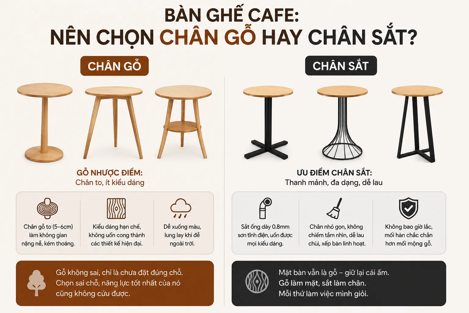 Bàn cafe chân gỗ hay chân sắt