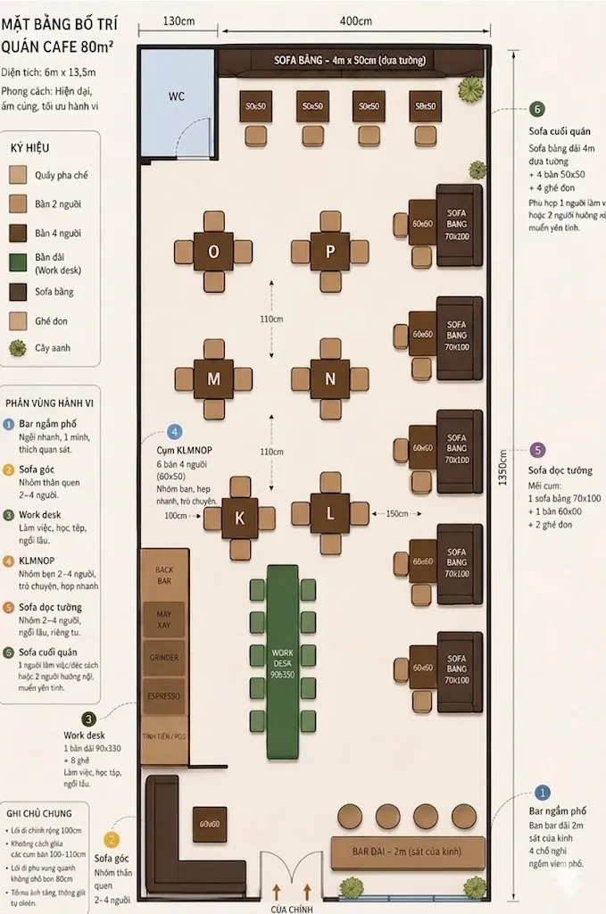 Bố trí quán cafe 80m2