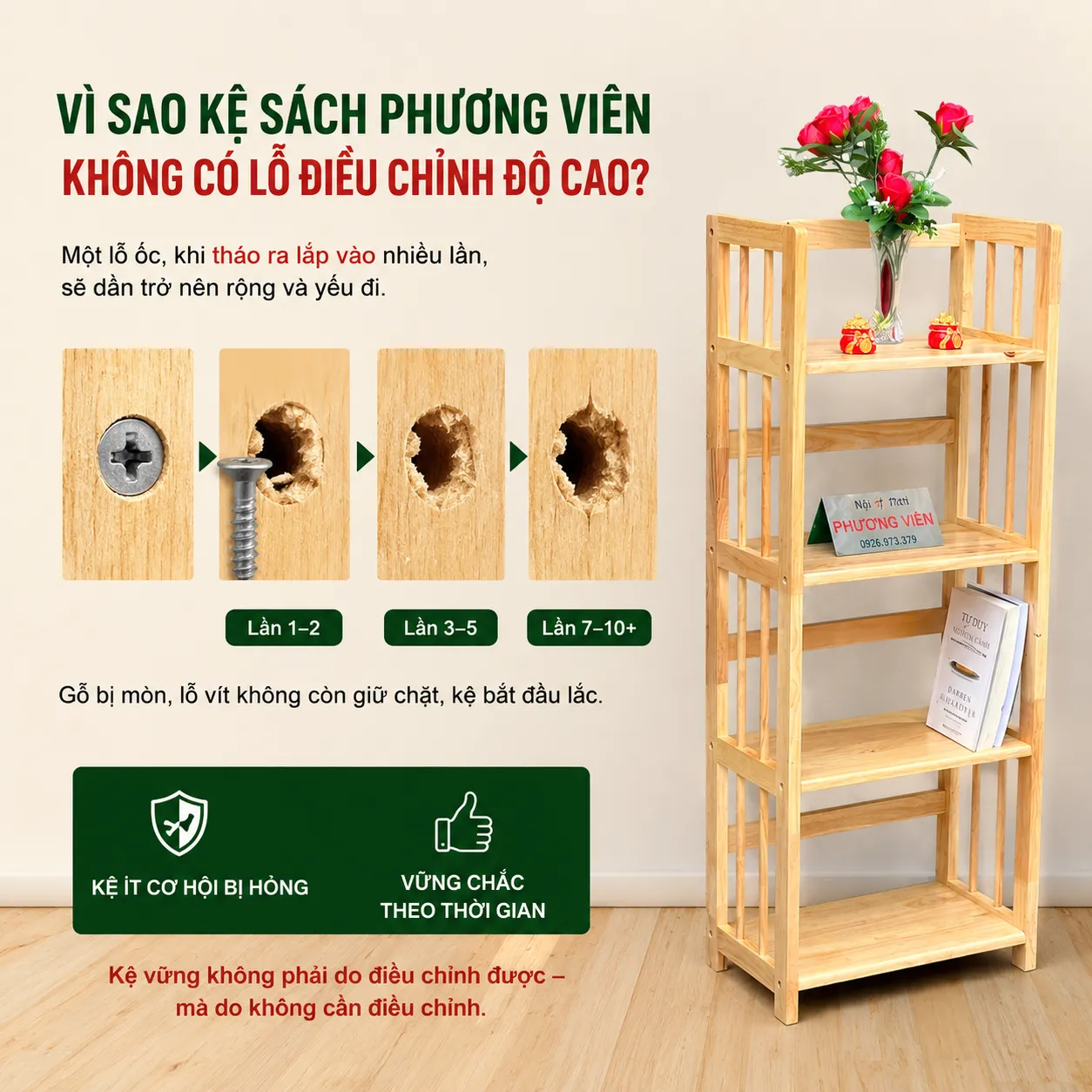 Kệ sách Phương Viên không có lỗ điều chỉnh độ cao