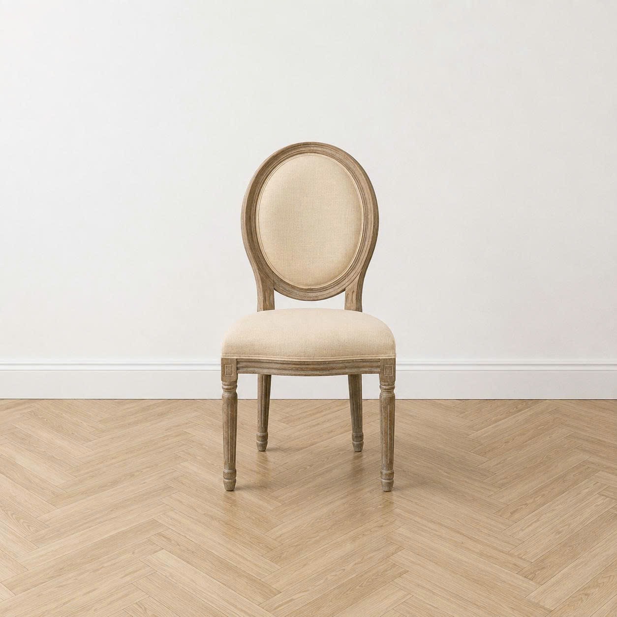 Ghế Louis không tay khung gỗ cổ điển Pháp tựa oval bọc linen