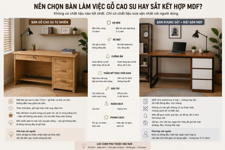 o sánh chi tiết bàn gỗ cao su tự nhiên và bàn sắt MDF phủ melamine cho không gian làm việc