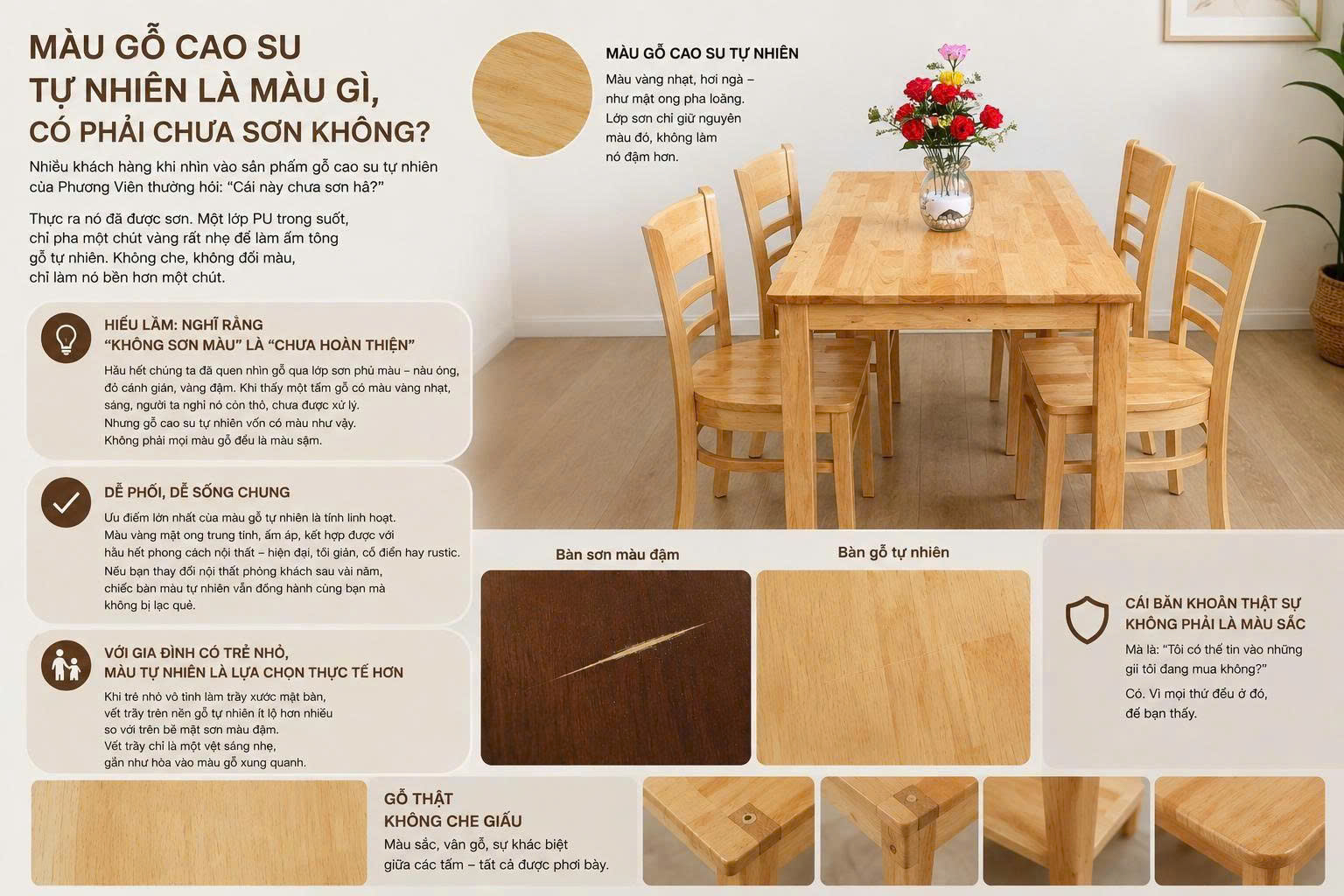 Sơn PU gỗ cao su tự nhiên màu vàng mật ong giữ nguyên vân gỗ thật